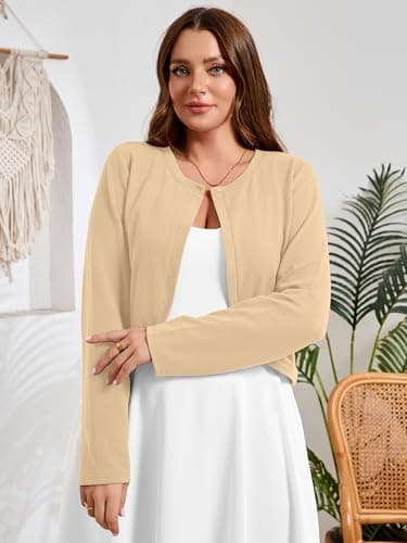 AusLook Plus Size Women Shrugs Long Sleeve Khaki Heather 5X Open Front Cardigan Knit Lightweight Coat Cropped Bolero Tops Shawls and Wraps Dressy Sweater - Thumbnail 2