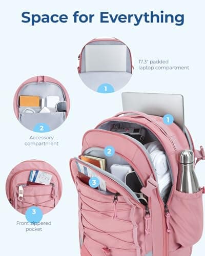 BAGSMART Carry On Backpack, 17.3 Inch Large Travel backpack Carry On Flight Approved, Personal Item Backpack Travel Bag With Shoe Bag, 27L Water Resistant Casual Daypack, Pink - Thumbnail 2