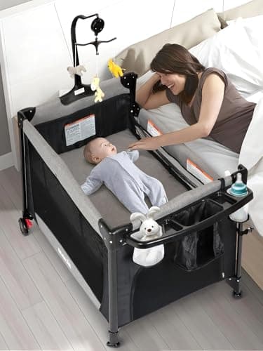 BIUSIKAN Baby Bassinet, Pack and Play with Bassinet, Bedside Sleeper with Diaper Changer, Mosquito Net, Music Box, Portable Crib with One-Click Installation, Playard for Newborn to Toddlers
