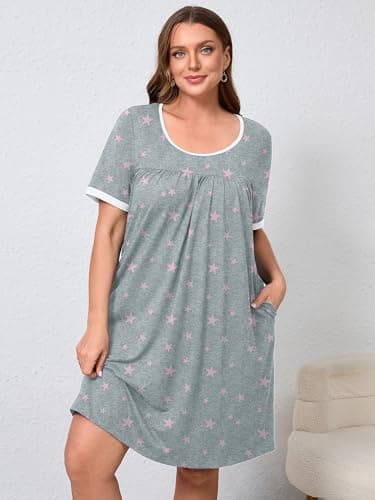AusLook Plus Size Women's Nightgown 3X Pink Stars Short Sleeve Sleep Dress Sleepwear Soft Sleepshirts Pleated Scoopneck Nightshirt Sleep shirts with Pockets - Thumbnail 3