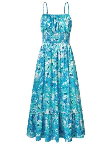 GRACE KARIN Summer Dresses for Women 2026 Vacation,Smocked Floral Maxi Dresses,Boho Beach Long Sundress Blue Green S - Image 1