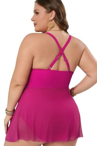 COCOPEAR Plus Size Swimsuit for Women Swim Dress Skirt Tummy Control Swimsuits V Neck Swimwear Adjustable Shoulder Straps Rose Red - Thumbnail 4