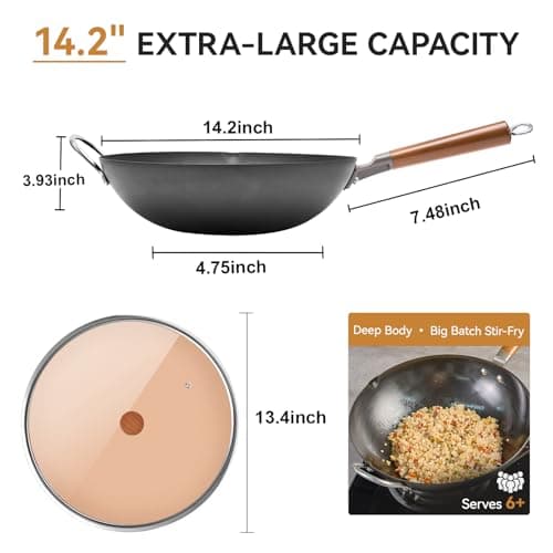WANGYUANJI Carbon Steel Wok 14.2", Large Nitriding Flat Bottom Stir Fry Pan with Lid, No Chemical Coating Rust Resistant Iron Skillet for Induction Electric Gas Stoves, Big Capacity Serves 6+ - Thumbnail 5