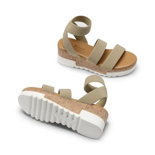 Athlefit Platform Sandals Women Open Toe Elastic Ankle Strap Summer Flatform Wedge Sandals for Beach Vacation Khaki Size 7.5 - Thumbnail 5