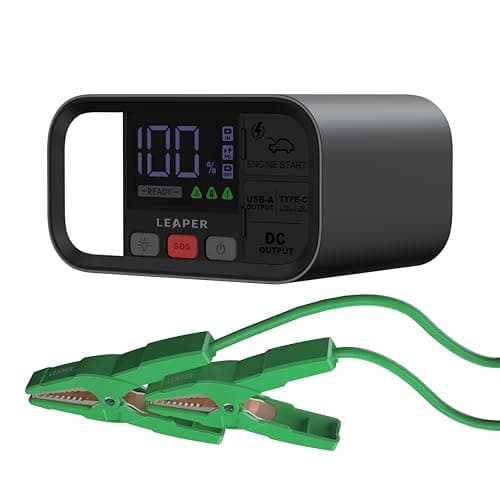 Leaper 12V Jump Starter, Black Aluminum Casing, 2000A Peak Current, 20000mAh Capacity, 3'' Digital Screen, Non-Polarized Green Clamps. Protective Carrying Case and a UL PD65W Premium Charger
