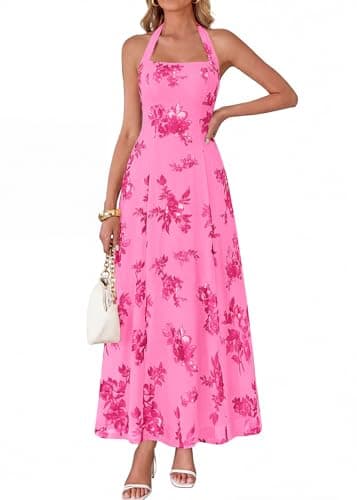 KIRUNDO Women's Summer Sleeveless Halter Floral Maxi Dress 2026 Beach Wedding Guest Cocktail Mesh Flowy A Line Long Sundress(Rose Red, Large) - Image 1