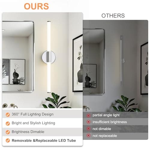 Gednbo Bathroom Vanity Lights Chrome Dimmable LED 360° Full Lighting Bathroom Light Fixtures Over Mirror 23 inch Vanity Light Bar Hardwired Modern Wall Sconce 4000K Light for Bedroom Living Room - Thumbnail 3