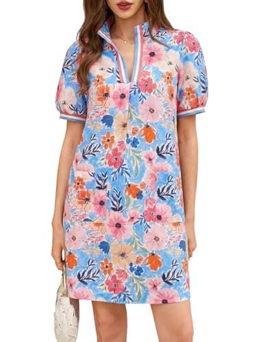 Wenrine Womens Summer Mini Dress Casual Puff Sleeve Floral V Neck Loose Boho Beach A Line Dresses with Pockets Pink - Image 1