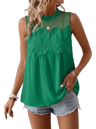Funlingo Women's Peplum Tops Lace Babydoll Poplin Mesh Embroidered Blouse Dressy Casual Crew Neck Sleeveless Flared Mesh Shirts Green L - Thumbnail 2