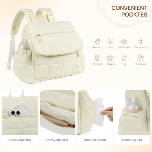 Telena Diaper Bag Mini Diaper Backpack with Changing Pad, Puffer Baby Travel Bag with Insulated Pockets, Stroller Straps, Beige - Thumbnail 5