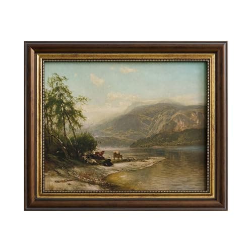 Framed Canvas Wall Art Vintage Mountain Landscape, Cows Nature Wall Art, Rustic Country River Scene Canvas Prints Wall Art for Living Room Bedroom Home Decoration, 12"x10"
