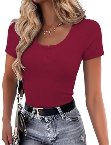 Womens Short Sleeve Tops Stretchy Henley Scoop Neck Fitted Casual Basic Top T-Shirts Ribbed Button Blouses 2026 Summer Trendy Red S - Image 1