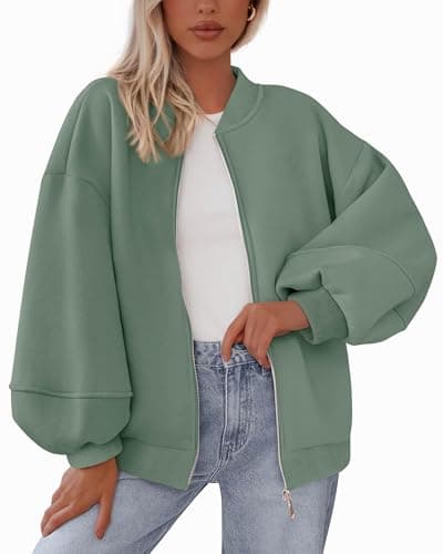 KIRUNDO Oversized Sweatshirt for Women Zip Up Bomber Jacket 2026 Fall Fashion Casual Long Sleeve Outerwear Winter Outfits(Light Green, XX-Large) - Image 1