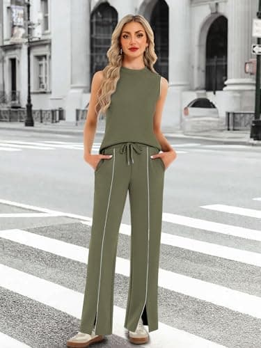 Casly Lamiit Lounge Set Women 2 Piece Sets Summer Workout Sets Sleeveless Airport Vacation Outfits Army Green 2XL - Thumbnail 5