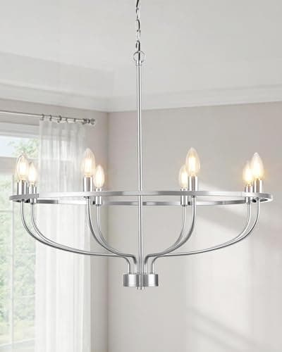 YUNNIX 8 Light Brushed Nickel Chandelier for Dining Room, 30 Inch Wagon Wheel Light Fixture, UL Whole Fixture, Silver Modern Farmhouse Candelabra Chandelier with Chain for Living Room, Entrance, Foyer - Image 1