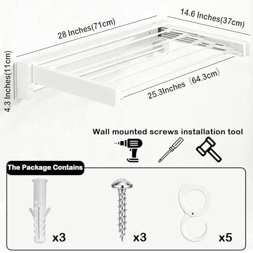 UBVIF Wall Mounted Clothes Drying Rack 27 inches,Foldbale Laundry Drying Rack 6 Rods,Hidden Drying Rack Clothing,Retractable,Collapsible,Screws Needed Folding Laundry Rack (White, Medium) - Thumbnail 2