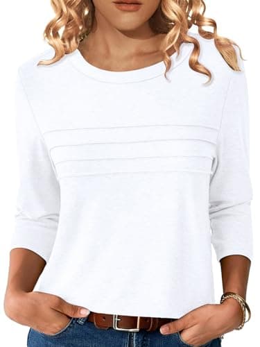 NORACORA 3/4 Sleeve T Shirts for Women Pleated Dressy Crew Neck Casual Business Blouses Trendy Fashion Tunic Basic Tops White M - Image 1