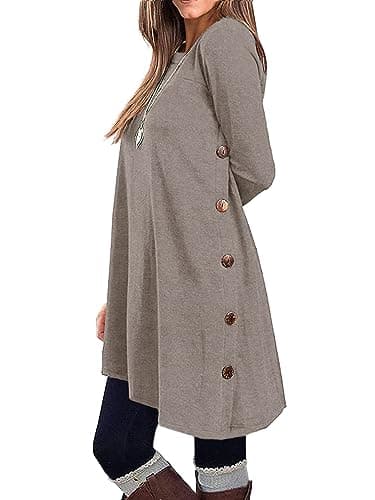 KORSIS Dresses for Women Warm Taupe Small Long Sleeve Round Neck Casual Button Side T Shirts Loose Fitting Girls Sweater Fall Winter Tunic Dress - Image 1