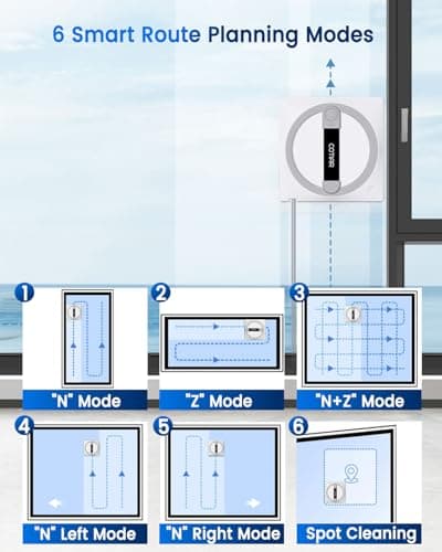 COTIAR Window Cleaning Robot, Automatic Window Cleaner with Remote Control, 6 Cleaning Modes, Edge Detection, Anti-Fall Safety System, for High-Rise Windows, Glass Doors, Mirrors, Tiles (White) - Thumbnail 6