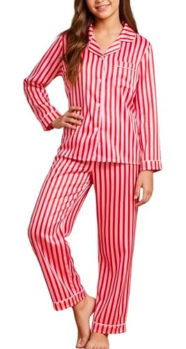 PATPAT Kids Girls Satin Pajama Set with Storage Bag - Silky Long Sleeve Sleepwear with ButtonDown Top and Pants,Red Stripe Size 13-14 Years - Image 1