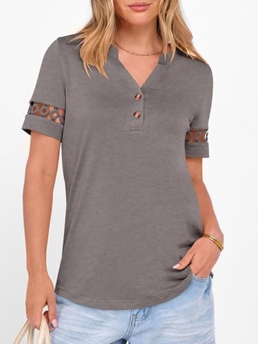 ANRABESS Womens Short Sleeve Tops Henley V Neck Blouses Dressy Casual 2026 Summer Trendy Tee Shirts Work Business Outfits Gray Taupe Small - Thumbnail 3
