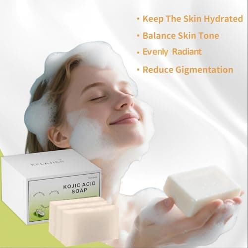 KELAJICS Kojic Acid Soap Bars with Retinol, Collagen, Vitamin C, Fresh Coconut Scent for Face and Body, Moisturizes, Smooth and Evenly Radiant (3 Pack) - Thumbnail 4