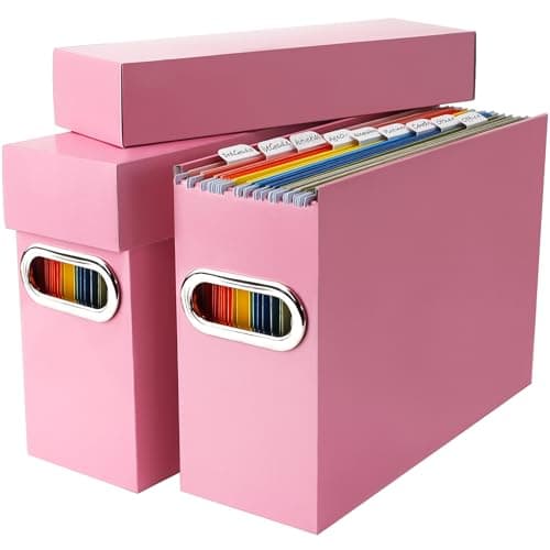 Naleyber File Organizer Box with Lid & Handle, Thickened Cardboard Hanging File Folder Storage Boxes for Letter Size, Portable Filing Organizer for Office, Home, Classroom, Pink 2 Pack - Image 1