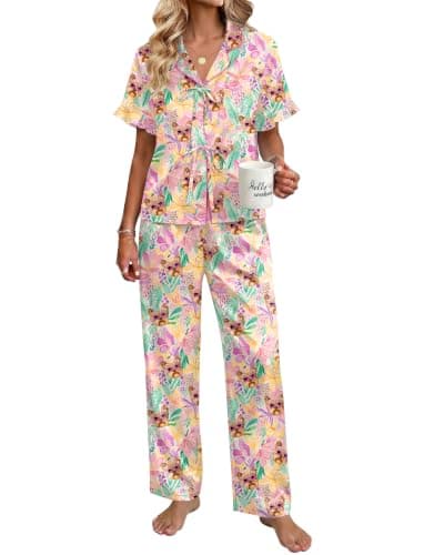 Ekouaer Silk Pajamas for Women 2 Piece Satin Pj Set Ruffle Tie Short Sleeve Sleepwear Comfy Loungewear with Pockets Pink Puppy L - Image 1