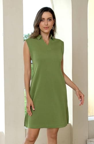 BEXIBOOM Work Dresses for Women Casual Summer Dress, V Neck Collared Shift Dress with Pockets, Cap Sleeve Knee Length Office T Shirt Dress Olive Green-M - Thumbnail 6