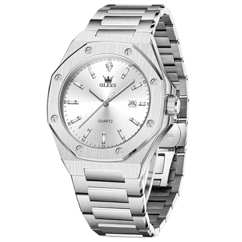 OLEVS Watch Men Luxury Silver Stainless Steel Dress Wrist Analog Quartz Waterproof Watches for Men Fashion Luminous Nice Large Face Minimalist Mens Watches Relojes para Hombres - Image 1