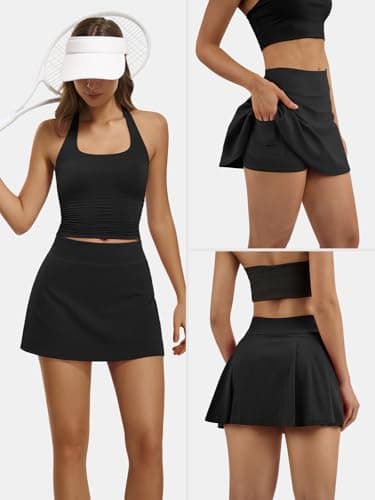 AFFOLE Tennis Skirts for Women Golf Skorts Athletic High Waisted with Pockets Inner Shorts Sport Workout Pleated Pickleball Black - Thumbnail 4