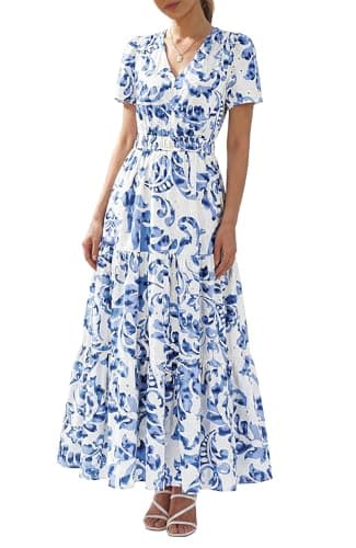 BTFBM Womens Summer Dresses 2026 V Neck Hollow Out Eyelet A Line Flowy Boho Beach Vacation Wedding Guest Maxi Dress(Floral White Blue, XX-Large) - Image 1