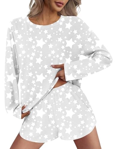 JUSTFASHIONNOW Pajamas for Women Set Shorts Star Print Lounge Set 2 Piece Outfits Comfy Long Sleeve Loungewear Matching Sleepwear Long Sleeve Top and Shorts Fall Winter (Grey, X-Large) - Thumbnail 2