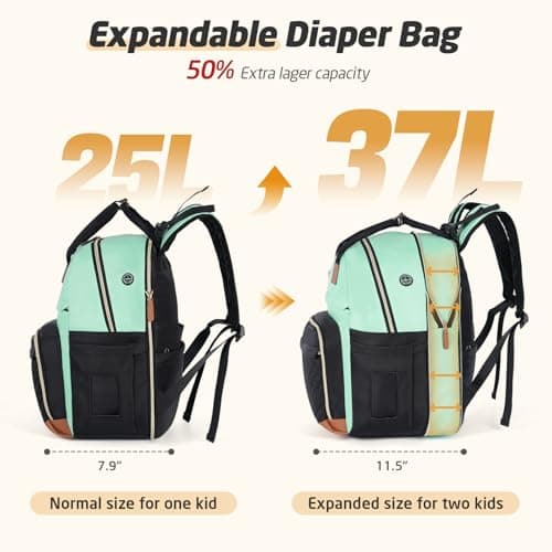 Tonyeee Diaper Bag Backpack - Extra Large Diaper Bag for 2 Kids Twin, Travel Baby Bags for Mom Dad 25-37L Expandable with Changing Pad Earphone Hole, Green Black - Thumbnail 2