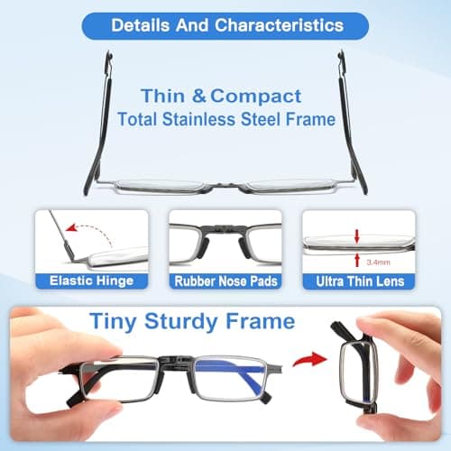 TOVEEN Compact Folding Reading Glasses for Men, Lightweight Ultra Thin Anti Blue Ray Readers with Durable Portable Case 3.5+ - Thumbnail 5