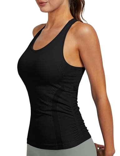 Women's Seamless Racerback Tank Top, Crew Neck Workout Yoga Padded Athletic Shirts Black - Thumbnail 5