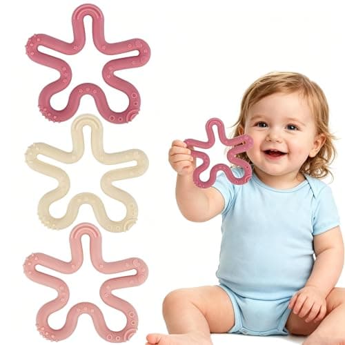 Fu Store 3 Pack Coral Flower Ring Teether Baby Teething Toys Silicone Teether Ring Toys for Babies 0-6 0-12 0-24 0-36 Months Easy to Grasp Clean Infant Teething Relief Soothing Sore Gums - Image 1
