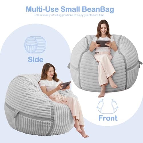 HABUTWAY Bean Bag Chair 3FT Big Bean Bag Chairs for Adults with Memory Foam Filled,3'Beanbag Chair with Soft Faux Fur Cover,Comfy Bean Bag Sofa for Classroom,Living Room,Game Room,Bedroom-Light Grey - Thumbnail 5