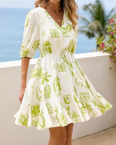 BTFBM Women Summer Spring Floral Boho Dress 2026 V Neck Short Sleeve Ruffle Beach Vacation Clothes Wedding Guest Dresses(Floral Apricot Green, Medium) - Thumbnail 2