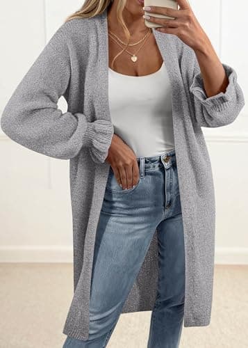KIRUNDO Long Cardigan Sweaters for Women 2026 Spring Casual Oversized Ruffle Long Sleeve Open Front Chunky Knit Sweater Coats(Grey, Large) - Thumbnail 4