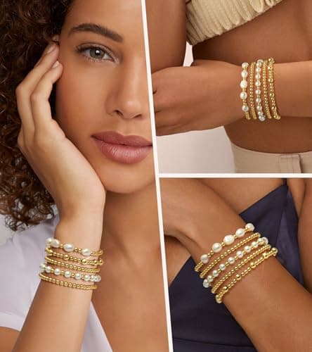 adoyi Gold Bracelets for Women, 14K Gold Plated Beaded Bracelets Stack Trendy Stackable Bracelet Set Strand Stretch Pearl Ball Bracelet Bracelet Set Jewelry for Gifts Set for Women Gift 6.8 inches - Thumbnail 3