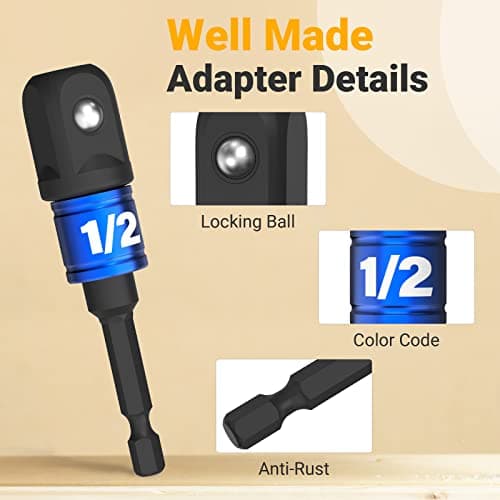Impact Socket Adapter Set for Drill - Tools for Men Gadgets 1/4" 3/8" 1/2" Impact Grade Driver Bit Set Extension Bit with Holder Ratchet Wrench Nut Hex Drive Adapter Hand Power Accessories Cool Stuff - Thumbnail 4