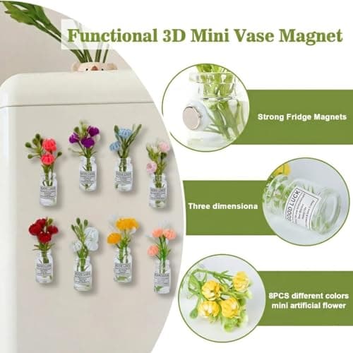 Cute Mini Vase Fridge Magnets,8PCS Funny Luminous Plant Flower Magnets for Fridge,Tiny 3D Plant Pot with Flowers Refrigerator Magnets Decor for Kitchen, Office, Locker, Gifts for Mom Women Men(Small) - Thumbnail 3