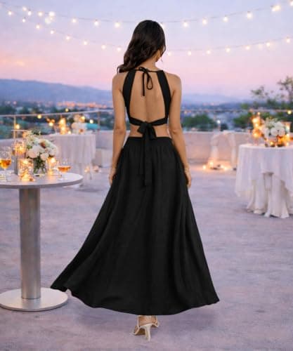 ABKY Women's Sexy Sleeveless Halter Neck Dress Criss Cross Tie Back Split Maxi Dresses Summer Beach Vacation Dress Black M - Thumbnail 4