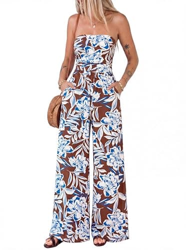 BTFBM Jumpsuits For Women Casual 2026 Floral Strapless Jumpsuit Wide Leg Rompers Beach Vacation Clothes Summer Outfits(Floral Brown White Blue, X-Small) - Image 1