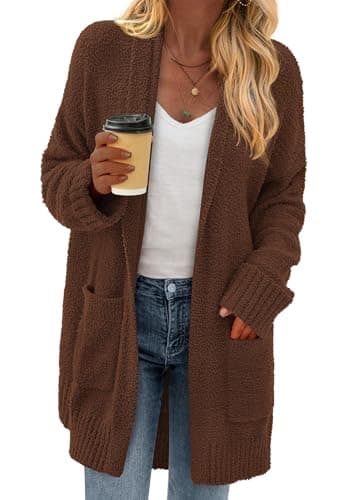 KIRUNDO Cardigan Sweaters for Women 2026 Fall Chunky Fuzzy Knit Open Front Loose Long Sleeve Sweater Coats Winter Clothing(Brown, Large) - Image 1