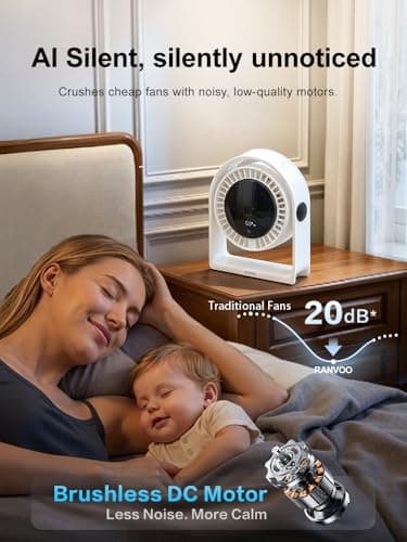 RANVOO 2026 New Desk Fan, Quiet Air Circulator Mini Fan for Bedroom, 4 Speeds Strong Airflow Portable Fan, Smart Display USB Fans,120°Tilt, Small Desktop Table Fans For Office Room, Ivory White - Thumbnail 4