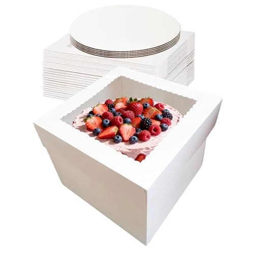 5 Pack Cake Boxes,10x10x8 Inch Tall Cake Box with Cake Boards 10",Disposable Cake Containers with Lids,White Bakery Boxes with Large Window,for Layer Cakes,Pies,Donuts,Cookies,Wedding,Birthday,Party - Image 1