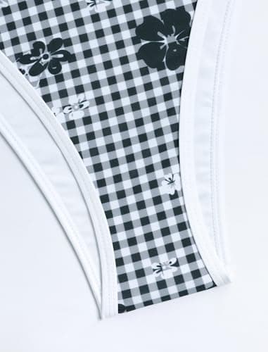 Jillumi Tankini Swimsuits for Women Cute Halter V Neck Cute Bathing Suits Tie Side High Cut Bikini Swimsuits 2 Piece Swimsuit (Black White Plaid XL) - Thumbnail 6