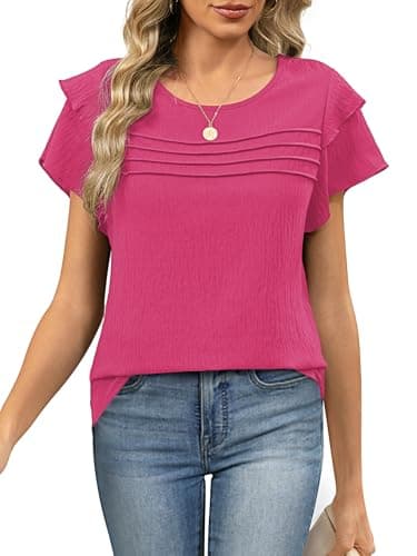 Funlingo Womens Dressy Casual Tops Summer Business Work Blouses Ruffle Short Sleeve Crew Neck Pleated Shirts Trendy Outfits 2026 Rose Red XL - Image 1